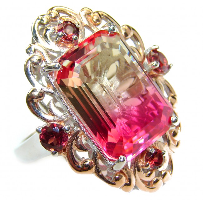 HUGE Emerald cut Volcanic Pink Touramaline Topaz .925 Sterling Silver handcrafted Ring s. 8 3/4
