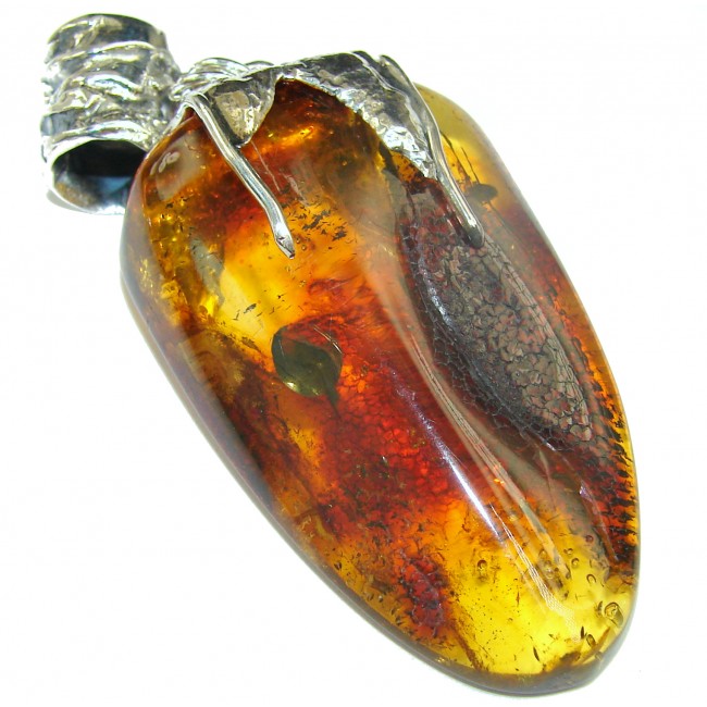 LARGE 2 3/4 INCHES long Natural Baltic Amber .925 Sterling Silver handmade Pendant