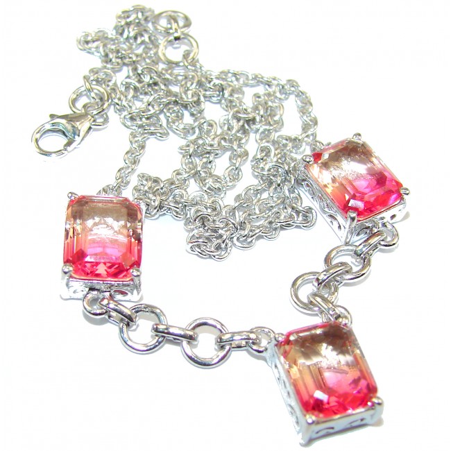 Emerald cut Pink Tourmaline color Topaz .925 Sterling Silver handcrafted necklace