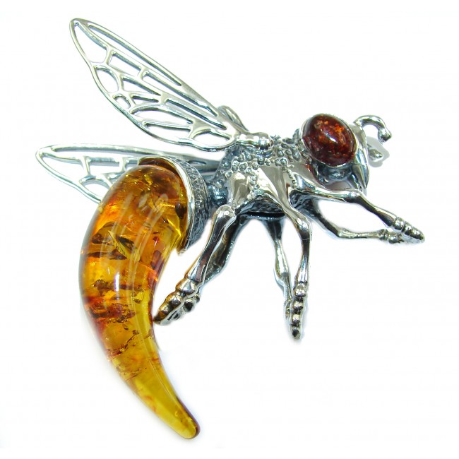 LARGE Masterpiece Honey Bee Baltic Polish Amber .925 Sterling Silver Handmade Pendant