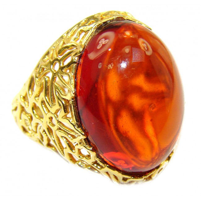 Authentic Baltic Amber 18k Gold over .925 Sterling Silver handcrafted ring; s 8 adjustable