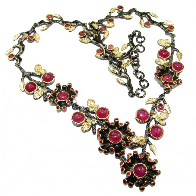 FLORAL design Boho Style Genuine Ruby 14K Gold over .925 Sterling Silver handmade necklace