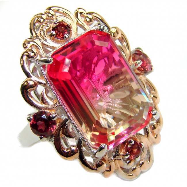 Huge Top Quality Volcanic Pink Tourmaline color Topaz 18 K Gold over .925 Sterling Silver handcrafted Ring s. 8 3/4