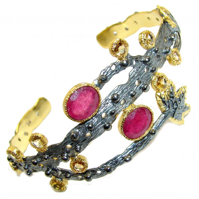 Posh authentic Red Ruby 18k Gold over .925 Sterling Silver handcrafted Statement Bracelet / Cuff