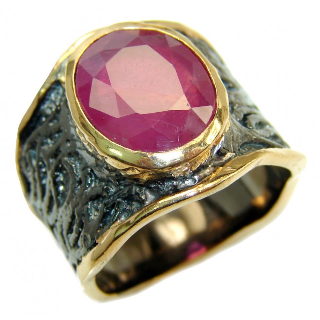 Large genuine Ruby 18K Gold over .925 Sterling Silver Statement Italy made ring; s. 8