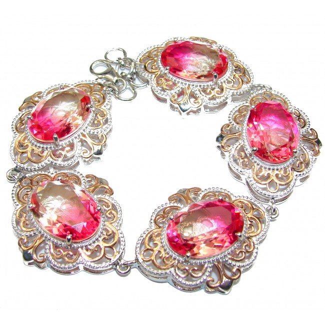Luxury Volcanic Pink Tourmaline color Topaz 18K Gold over .925 Sterling Silver handmade Bracelet