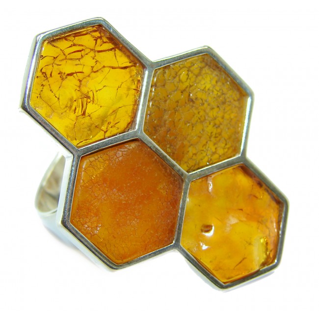 Honey Comb Authentic Baltic Amber .925 Sterling Silver handcrafted ring; s 7 adjustable