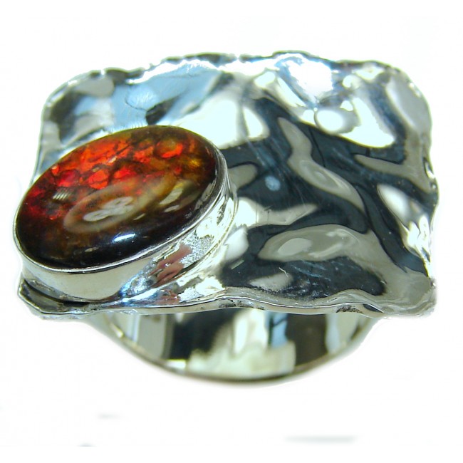 Unisex Rainbow Fire Ammolite hammered .925 Sterling Silver ring s. 4 1/4