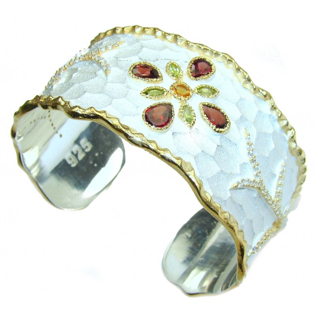 Handcrafted Bracelet with Garnet & Diamonds 24K gold and Silver in Antique White Patina