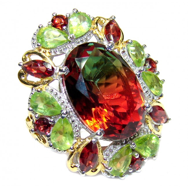 HUGE Top Quality Magic Volcanic Pink Tourmaline Topaz 18K Gold over .925 Sterling Silver handcrafted Ring s. 8