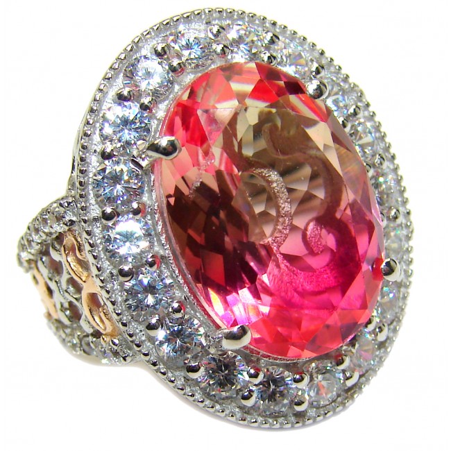 Huge Top Quality Volcanic Pink Tourmaline 18K Gold over .925 Sterling Silver handcrafted Ring s. 7 1/2