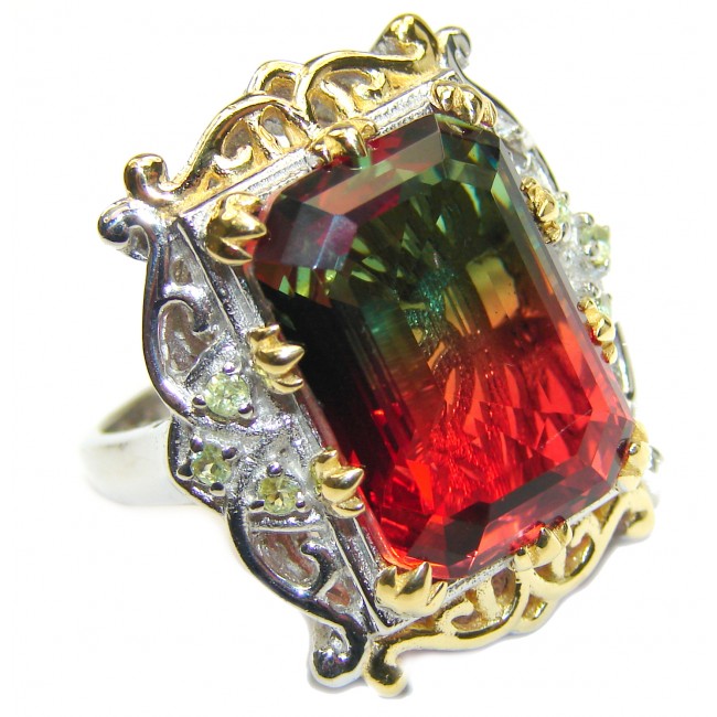 HUGE Emerald cut Watermelon Tourmaline color Topaz 18k Gold over .925 Sterling Silver handcrafted Ring s. 7 1/4