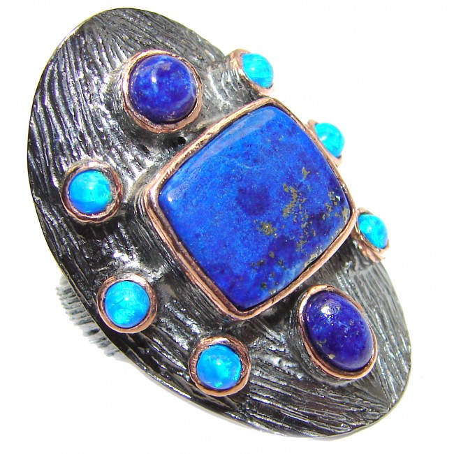 Natural Lapis Lazuli black rhodium over .925 Sterling Silver handcrafted ring size 8