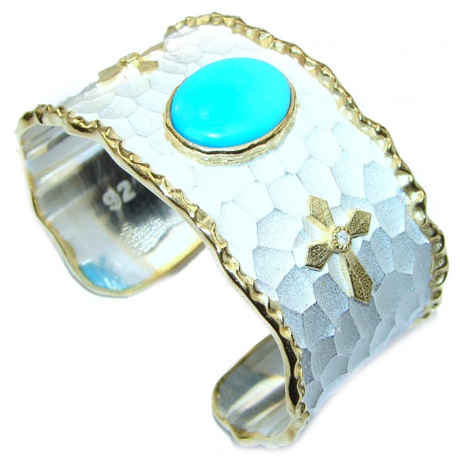 Bracelet with Sleeping Beauty Turquoise and Diamonds 24K Gold .925 Sterling Silver in Antique White Patina