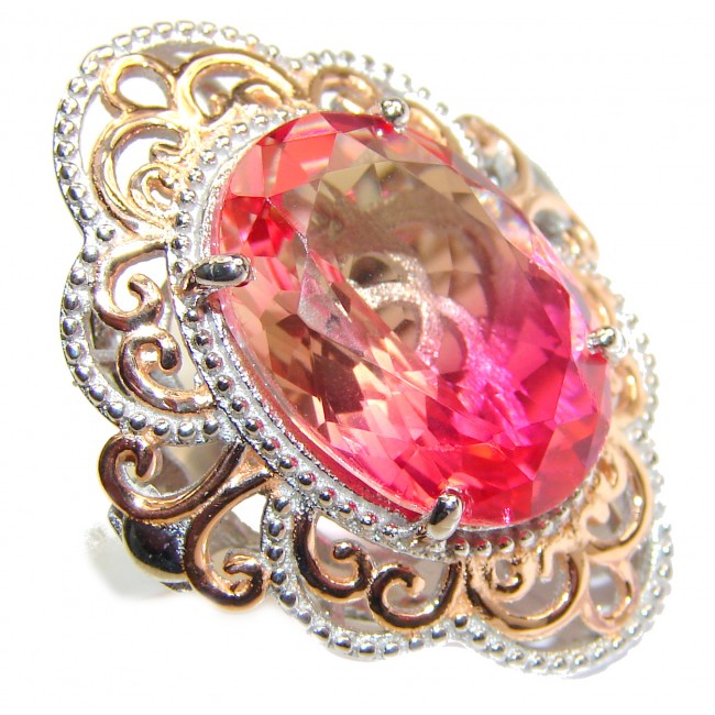 Huge Top Quality Volcanic Pink Tourmaline 18 K Gold over .925 Sterling Silver handcrafted Ring s. 7 1/4