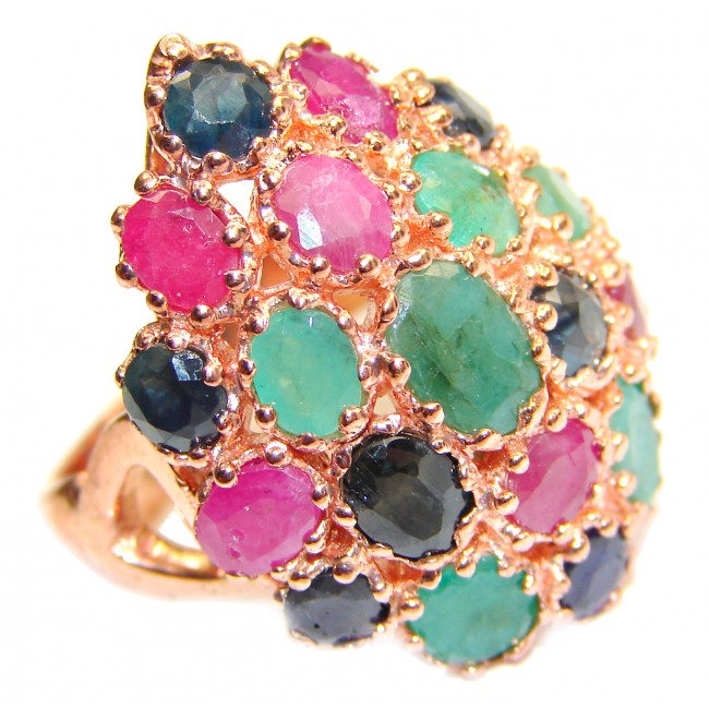 Large Authentic Ruby & Emerald Rose Gold over .925 Sterling Silver ring; s. 8 1/4