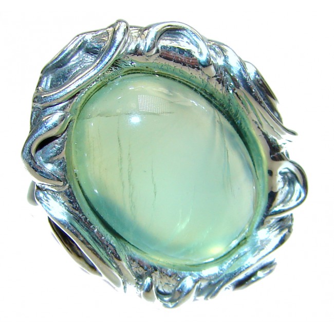 Chunky Natural Moss Prehnite .925 Sterling Silver handmade ring s. 8 adjustable