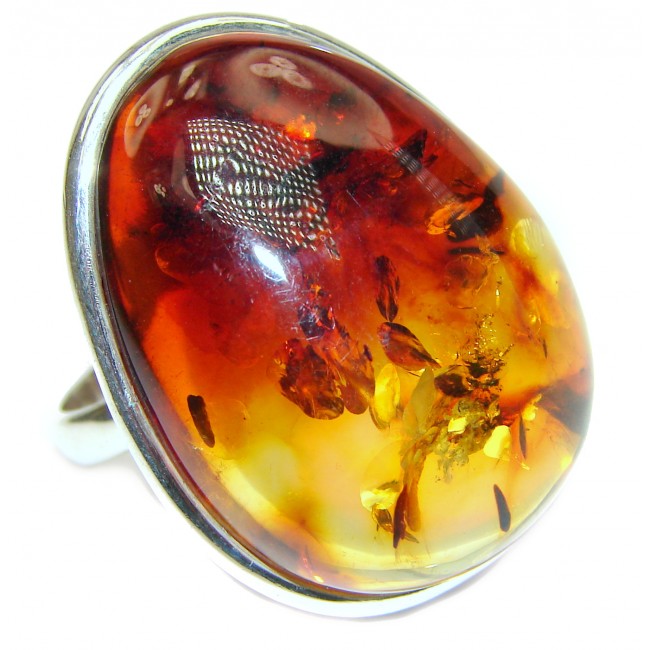 HUGE Excellent quality Cherry Authentic Baltic Amber Sterling Silver Ring s. 10