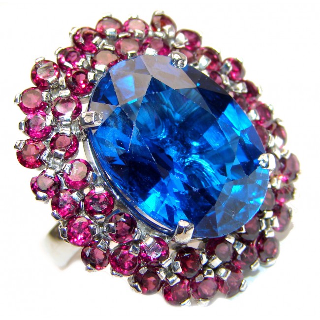 Incredible 55ct London Blue Topaz Ruby .925 Sterling Silver Statement Ring s. 8