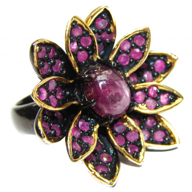 Lotus Natural Star Ruby 24K Gold Rhodium over .925 Sterling Silver handmade Statement ring s. 8