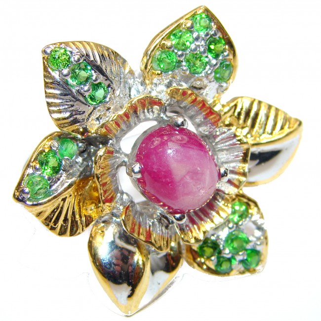 LARGE Genuine Ruby Emerald 18K Gold over .925 Sterling Silver handmade Cocktail Ring s. 8 1/4