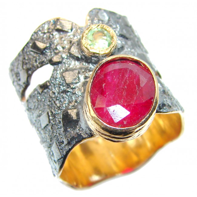 Large genuine Ruby 18K Gold over .925 Sterling Silver Statement Italy made ring; s. 7