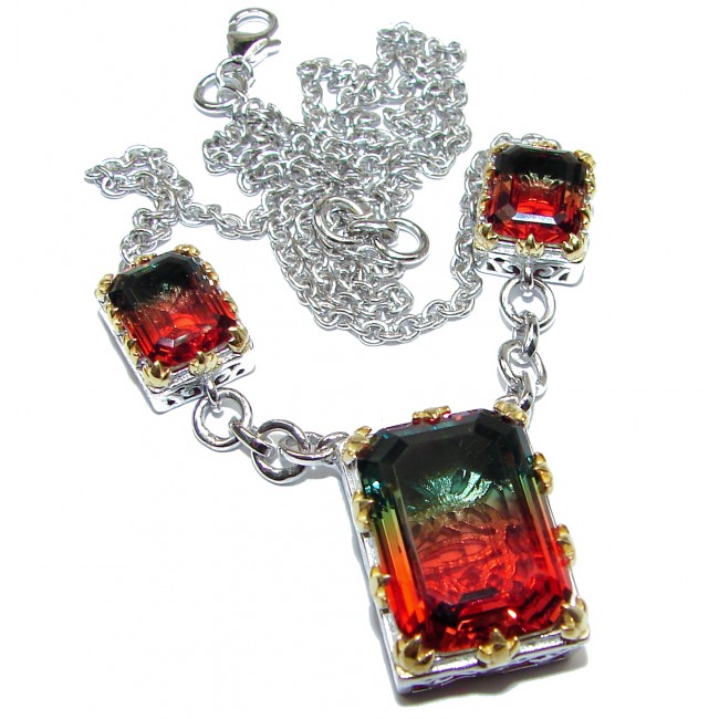 Emerald cut Watermelon Tourmaline color Topaz .925 Sterling Silver handcrafted necklace