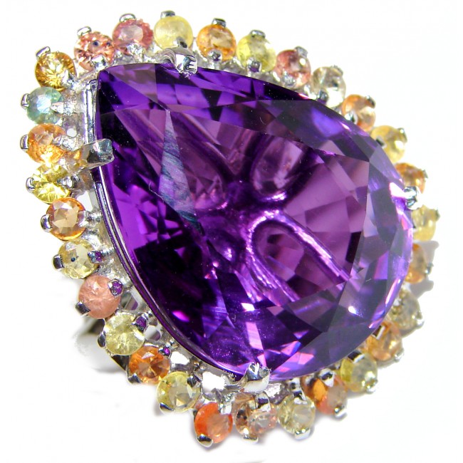 Large Genuine Amethyst Tourmaline .925 Sterling Silver handcrafted Statement Ring size 8