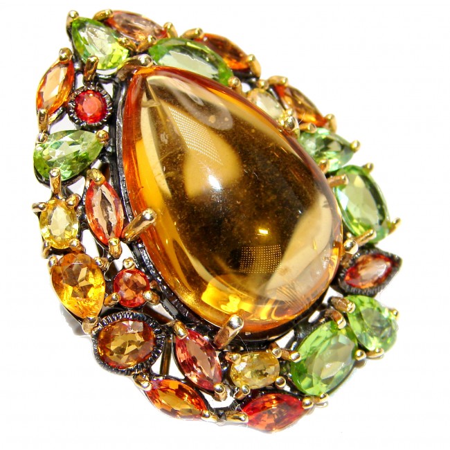 Large Genuine Golden Topaz Peridot .925 Sterling Silver handcrafted Statement Ring size 7 3/4