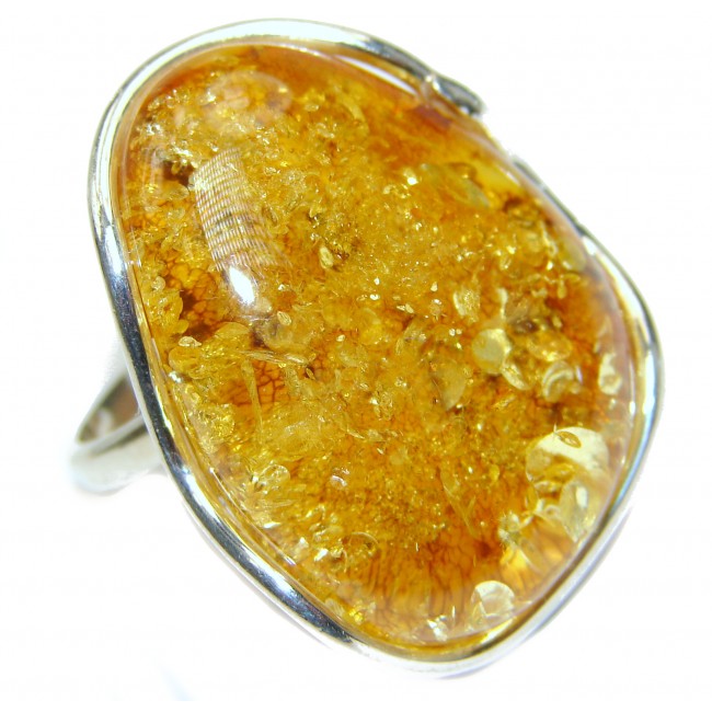 Large Genuine Baltic Amber .925 Sterling Silver handmade Ring size 7 adjustable