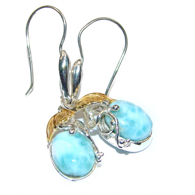 Precious genuine Blue Larimar two tones .925 Sterling Silver handmade earrings