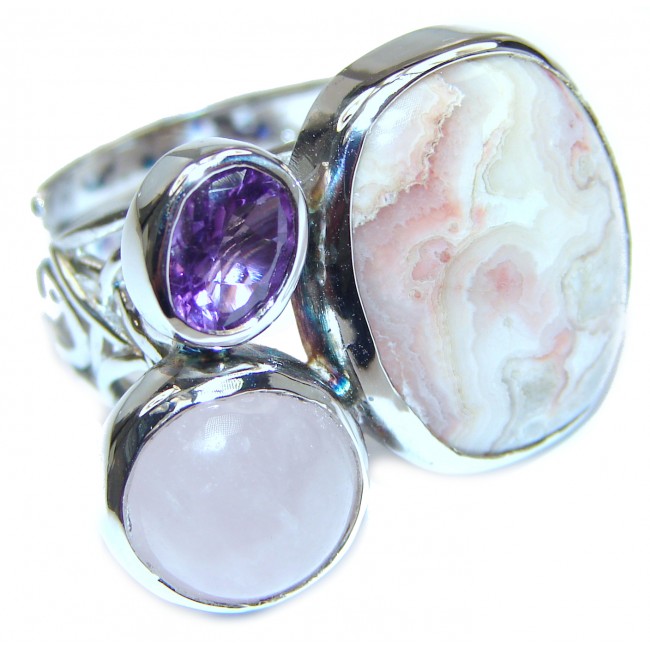 Excellent quality Crazy Lace Agate .925 Sterling Silver Ring s. 7 adjustable