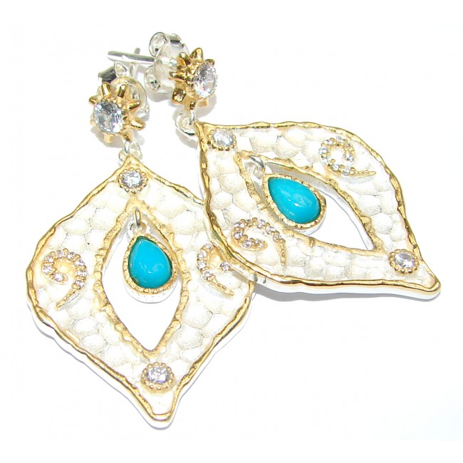 Rich Design Turquoise 18k Gold over .925 Sterling Silver in Antique White Patina handcrafted earrings