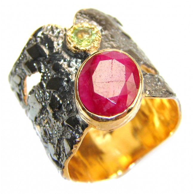 Large genuine Ruby 18K Gold over .925 Sterling Silver Statement Italy made ring; s. 7 1/2