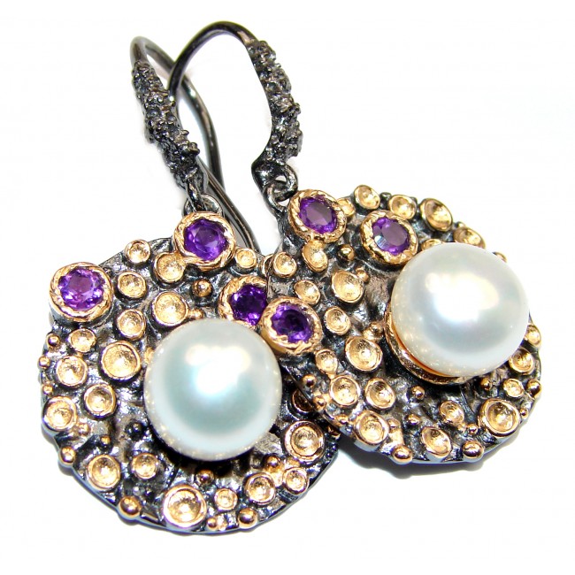 Bohemian Style Pearl 18K Gold over .925 Sterling Silver handcrafted Statement earrings