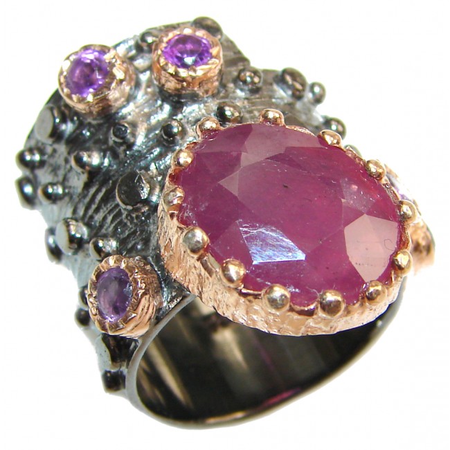 Large genuine Ruby 18K Gold over .925 Sterling Silver Statement Italy made ring; s. 5 1/2