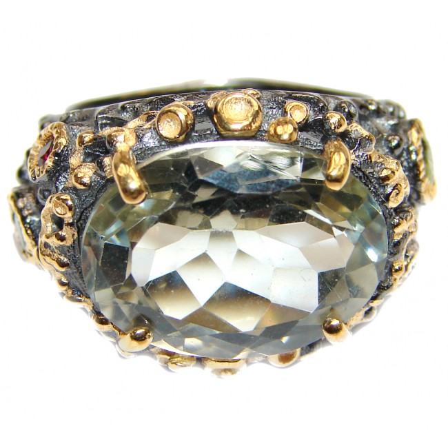 Spectacular Natural Green Amethyst 18K Gold over .925 Sterling Silver handcrafted ring size 7
