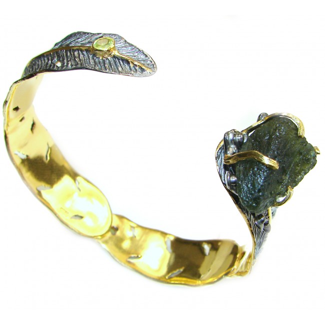 Genuine Green Moldavite 18k Gold Rhodium over .925 Sterling Silver Bracelet / Cuff