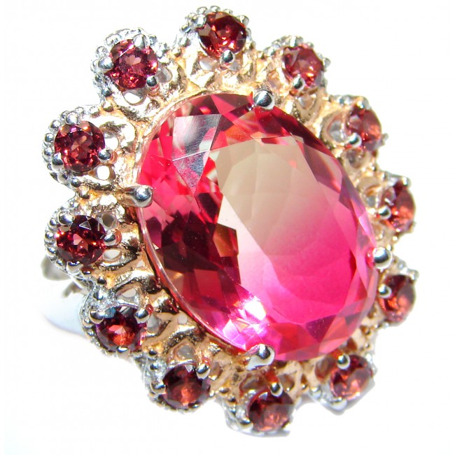 HUGE Top Quality Magic Volcanic Pink Topaz 18K Gold over .925 Sterling Silver handcrafted Ring s. 8