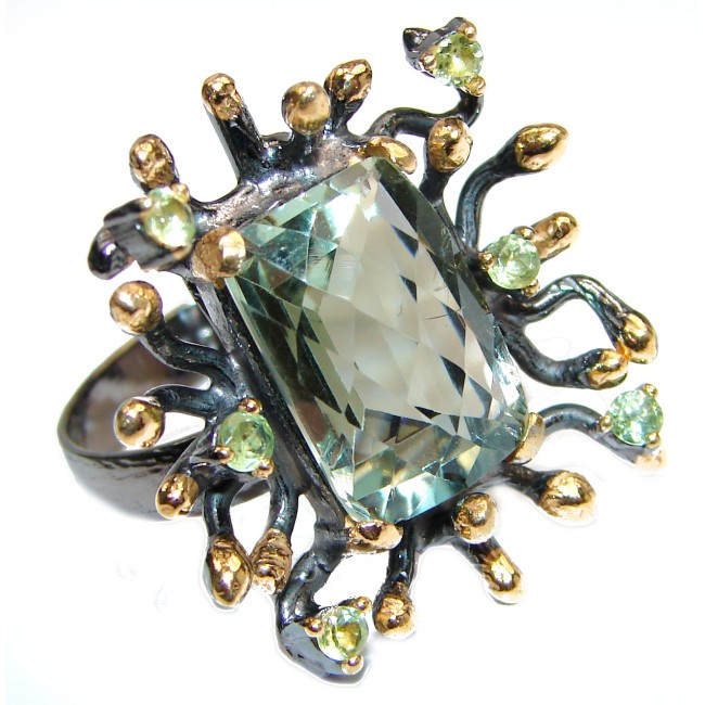 Spectacular Natural Green Amethyst 18K Gold over .925 Sterling Silver handcrafted ring size 7 adjustable
