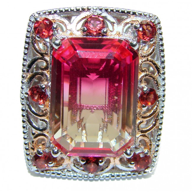 HUGE Emerald cut Pink Topaz 18K Gold over .925 Sterling Silver handcrafted Ring s. 9 1/4
