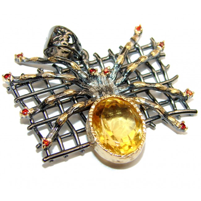 Spider's Web Genuine Citrine 14K Gold .925 Sterling Silver handmade Pendant