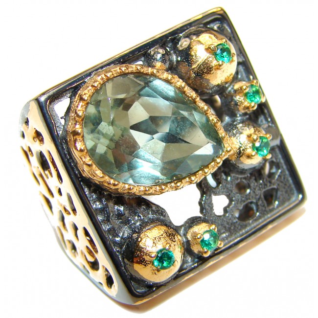 Spectacular Natural Green Amethyst 18K Gold over .925 Sterling Silver handcrafted ring size 7