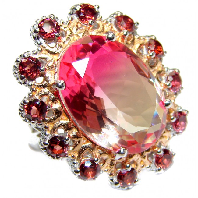 HUGE Top Quality Magic Volcanic Pink Topaz 18K Gold over .925 Sterling Silver handcrafted Ring s. 6