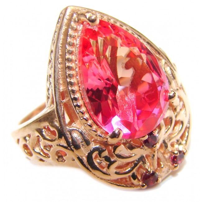 HUGE pear cut Pink Tourmaline 18K Gold over .925 Sterling Silver handcrafted Ring s. 7 3/4