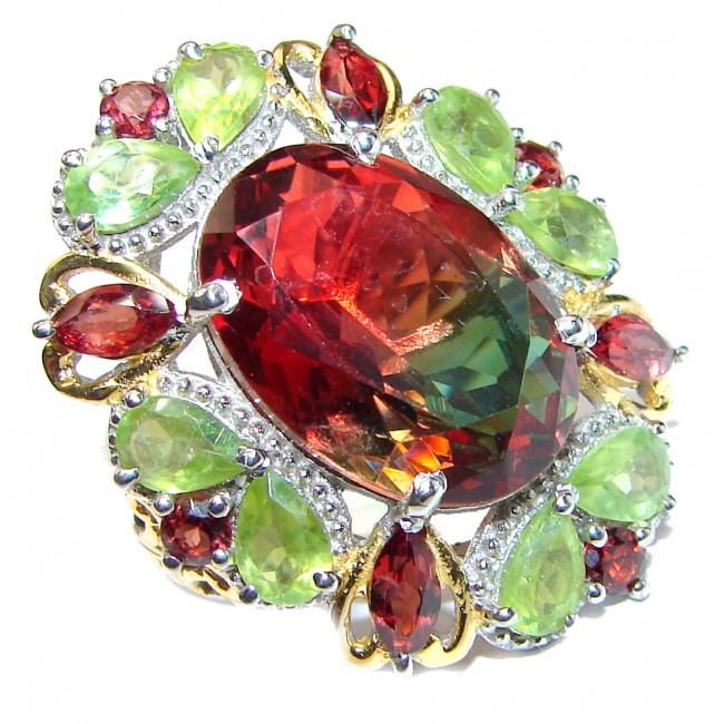 HUGE Oval cut Watermelon Tourmaline 18K Gold over .925 Sterling Silver handcrafted Ring s. 6 1/4