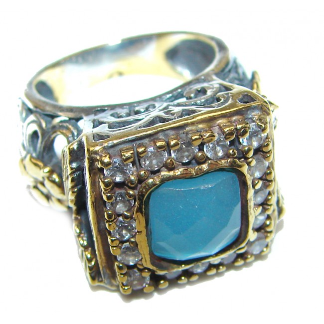 Vinatge Design Aquamarine 18K Gold over .925 Sterling Silver handmade ring s. 6 1/4