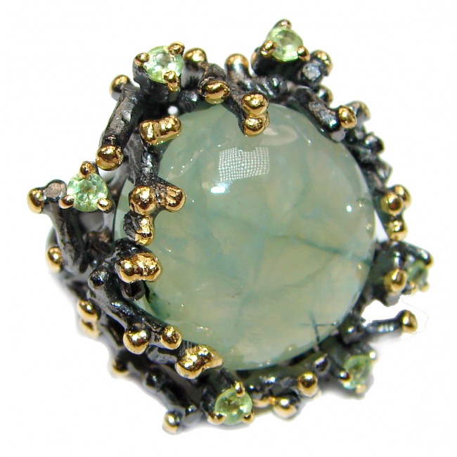 Large Nature inspired Prehnite 14K Gold Rhodium over .925 Sterling Silver handmade ring s. 7