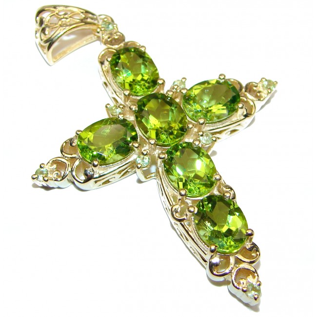 Victorian Style Holy Cross genuine Peridot 24K Gold over .925 Sterling Silver handmade pendant