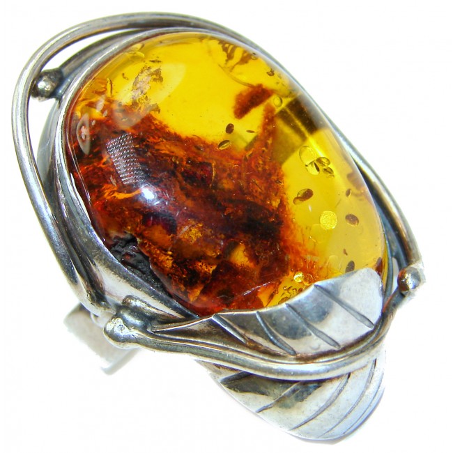 Large Beautiful Authentic Baltic Amber .925 Sterling Silver handcrafted ring; s. 7 adjustable